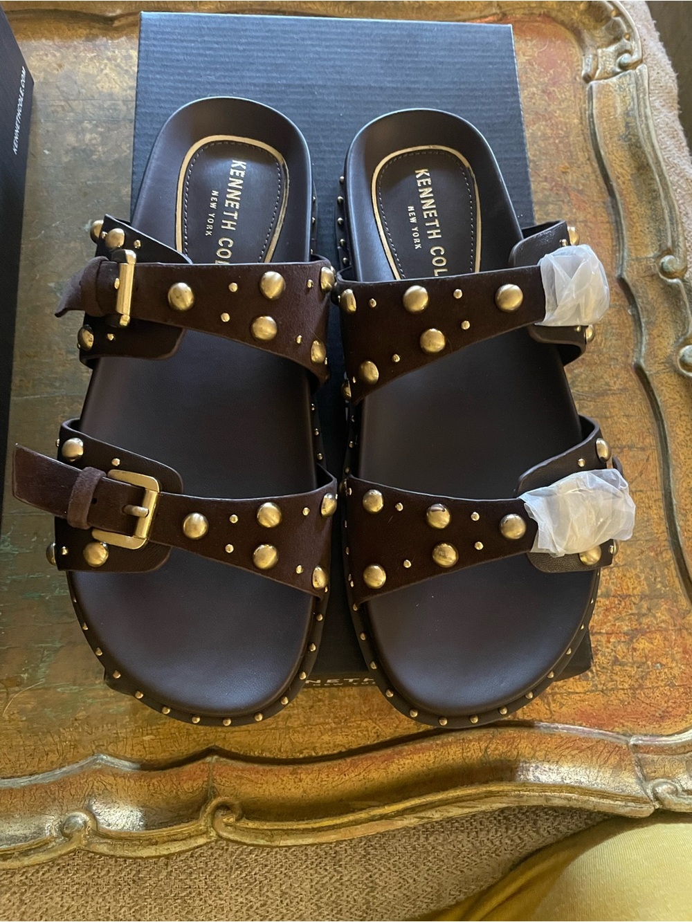 Kenneth Cole Dark Brown Leather Studded Slide Sandals